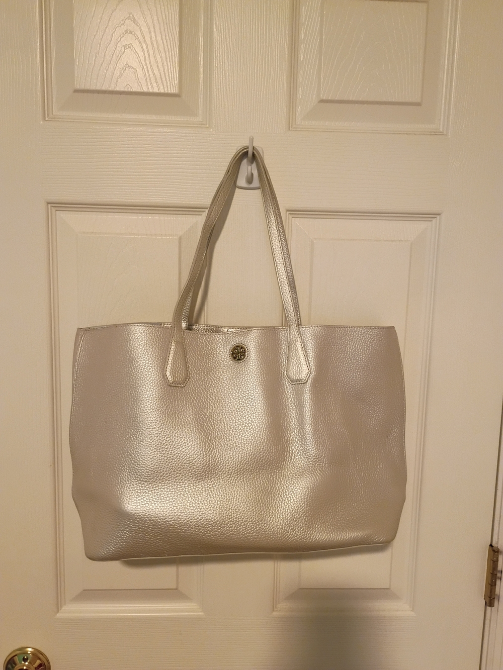 Tory Burch Metallic Silver Pebbled Leather Tote NWOT